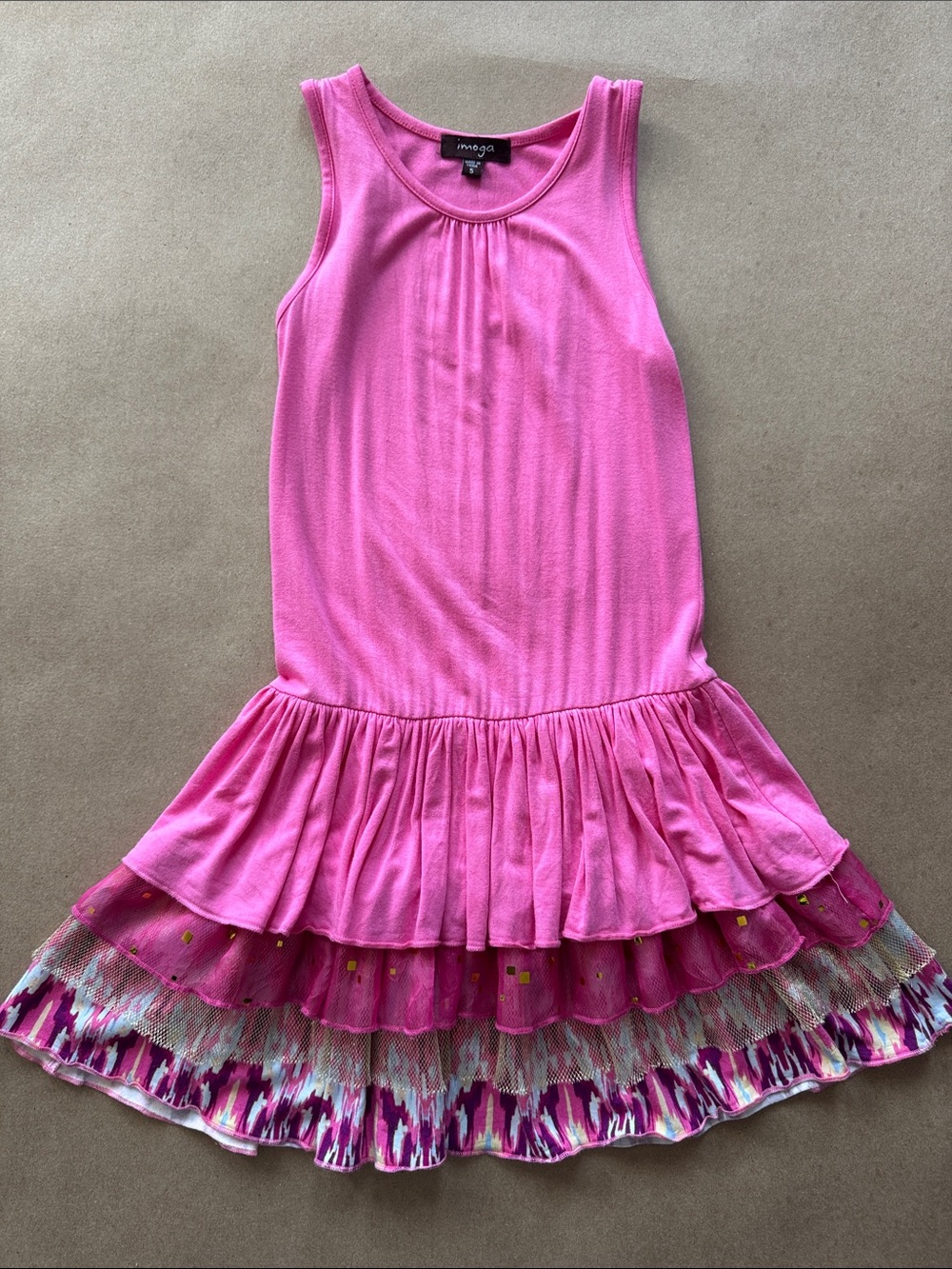 Imoga Girls' Hot Pink Tiered Tank Dress with Patterned Hem